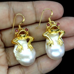 Srebrne kolczyki naturalne rubiny perły żaby 4