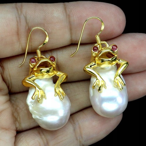 Srebrne kolczyki naturalne rubiny perły żaby 4