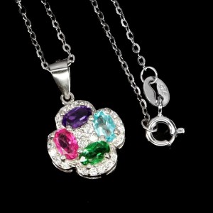 Srebrny naszyjnik delikatny naturalny ametyst topaz zielony paraiba różowy