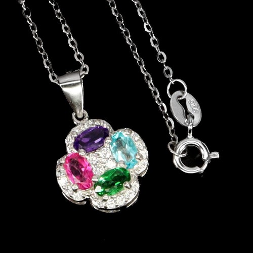 Srebrny naszyjnik delikatny naturalny ametyst topaz zielony paraiba różowy
