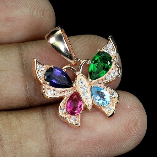 Srebrny wisiorek motyl naturalny iolit topaz sky blue różowy zielony