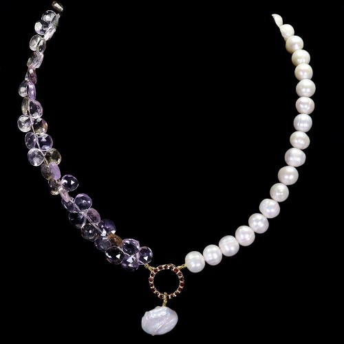 925 Naszyjnik naturalne perły granaty ametryny zjawiskowy