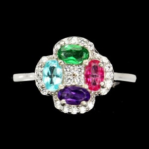 Pierścionek r 16 naturalny ametyst topaz zielony różowy delikatny 925