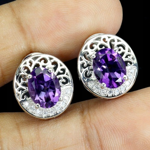 Kolczyki delikatne piękne naturalne ametysty cyrkonie 4