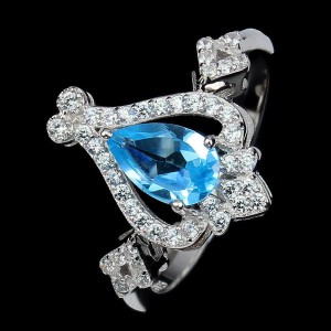 925 Delikatny pierścionek naturalny swiss blue topaz cyrkonie r 15