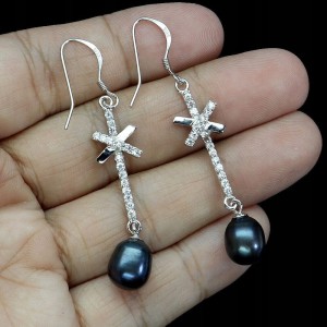 Delikatne wiszące kolczyki naturalne czarne perły cyrkonie srebro 4