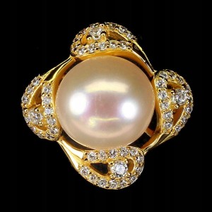 Pierścionek r 12 srebro naturalna kremowa perła cyrkonie