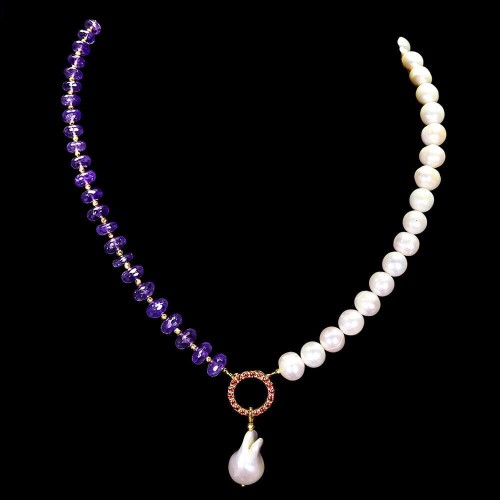 Naszyjnik naturalne perły granaty ametysty zjawiskowy 925