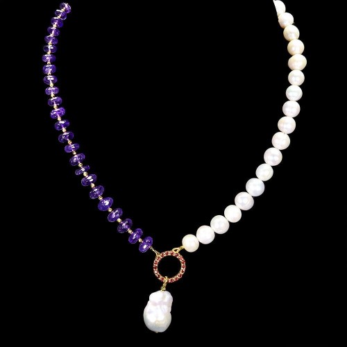 Naszyjnik 925 naturalne perły granaty ametysty zjawiskowy