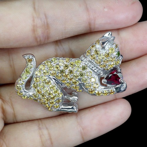 925 Srebrna broszka kot naturalne szafiry Songea granat diopsyd