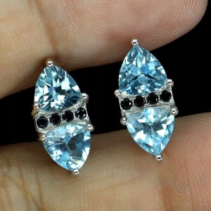 5 Srebrne delikatne kolczyki naturalne topazy sky blue czarne spinele