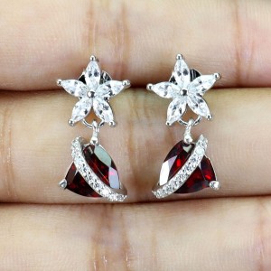 Delikatne srebro kolczyki cyrkonie granaty naturalne kwiat 925 5