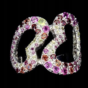 925 Pierścionek srebrny naturalne granaty oliwin szafiry Songea serce r 16