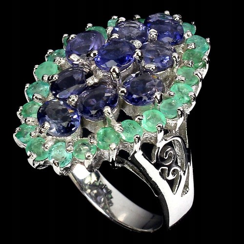 Piękny pierścionek 925 r 16 naturalne szmaragdy iolity