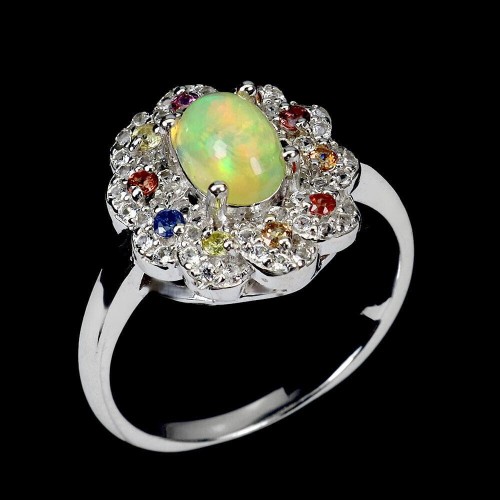 925 Pierścionek r 14 naturalny ognisty opal szafiry Songea białe topazy