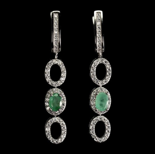 Srebrne 925 kolczyki naturalne szmaragdy cyrkonie