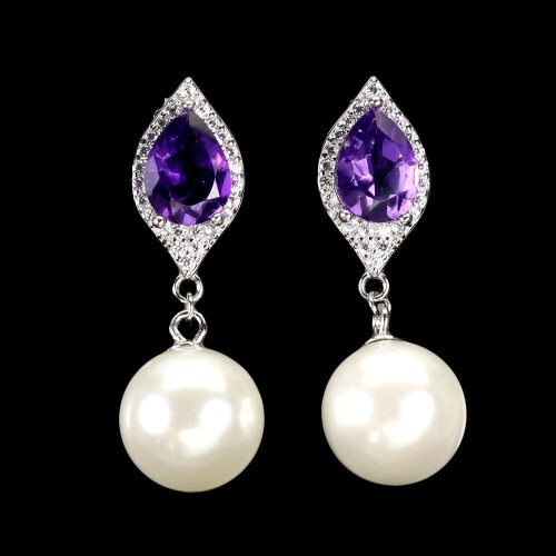 Srebrne 925 wiszące kolczyki naturalne ametysty masa perłowa 4
