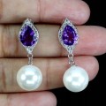 Srebrne 925 wiszące kolczyki naturalne ametysty masa perłowa 4