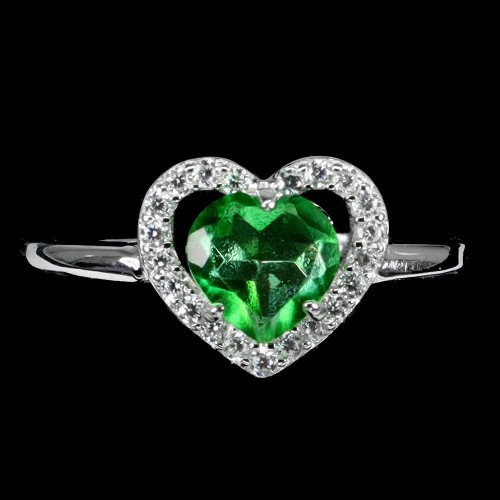 Pierścionek srebrny delikatny zielony topaz cyrkonie r 14.5 serce