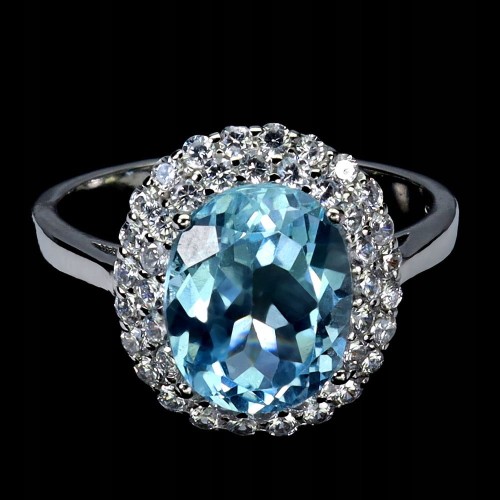 Delikatny pierścionek srebrny naturalny Sky Blue Topaz cyrkonie r 14