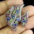 Srebrna broszka naturalne kianity oliwiny granaty rodolity ryba