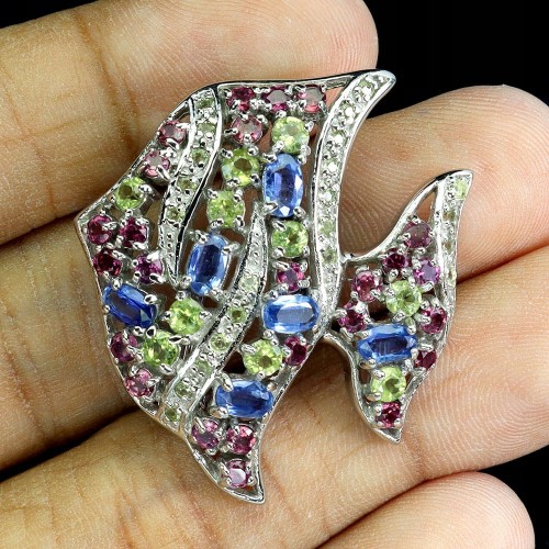 Srebrna broszka naturalne kianity oliwiny granaty rodolity ryba