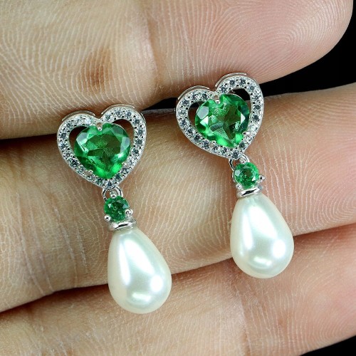 Delikatne srebrne kolczyki zielone topazy cyrkonie masa perłowa serce 4