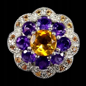 925 Pierścionek r 19 naturalne ametysty cytryn szafiry Songea