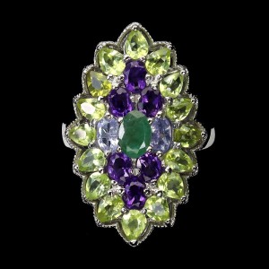 925 Piękny pierścionek naturalne ametysty szmaragd tanzanity oliwiny r 18