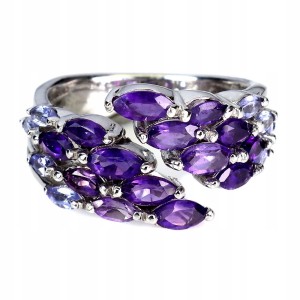 Pierścionek r 21 naturalne ametysty tanzanity piękny srebro 925