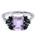 Delikatny pierścionek srebrny naturalny ametyst czarne spinele r 14.5 925