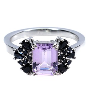 Delikatny pierścionek srebrny naturalny ametyst czarne spinele r 14.5 925