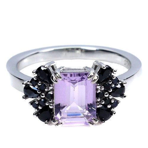 Delikatny pierścionek srebrny naturalny ametyst czarne spinele r 14.5 925