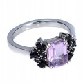 Delikatny pierścionek srebrny naturalny ametyst czarne spinele r 14.5 925