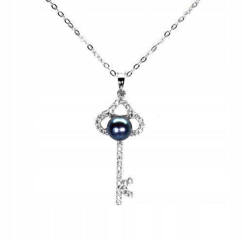 Naszyjnik kluczyk delikatny czarne perły srebro naturalne