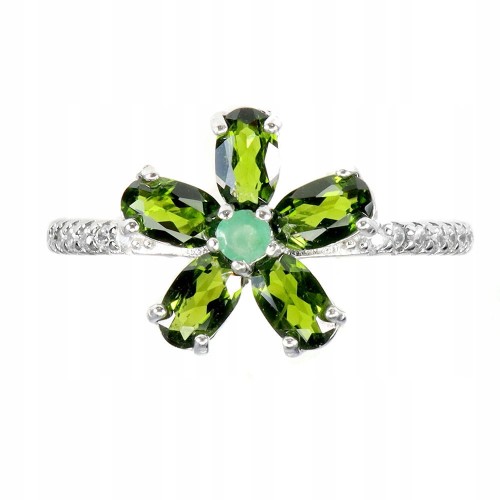 Srebrny delikatny pierścionek naturalne diopsydy szmaragd kwiat r 16