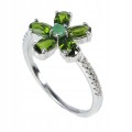 Srebrny delikatny pierścionek naturalne diopsydy szmaragd kwiat r 16