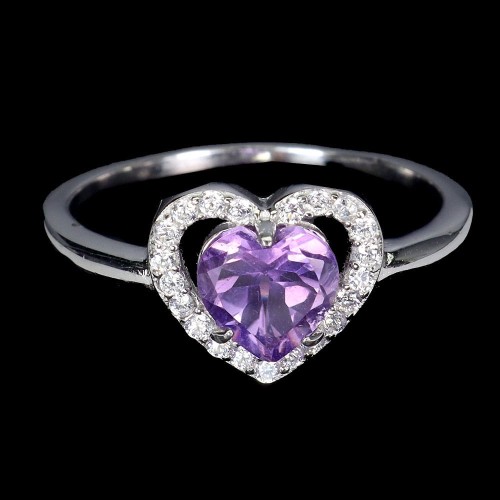 Pierścionek serce delikatny naturalny ametyst cyrkonie r 17