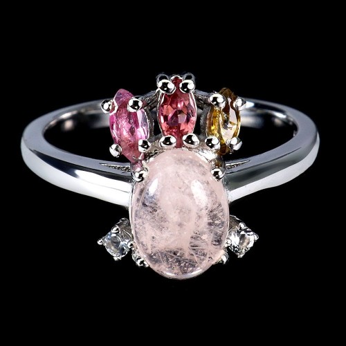 Pierścionek delikatny srebrny naturalny morganit turmaliny cyrkonie r 11.5