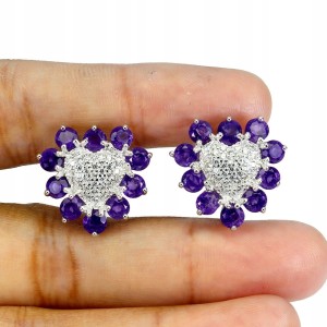 1 Kolczyki delikatne piękne naturalne ametysty cyrkonie serce