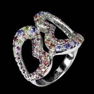 Pierścionek srebrny naturalne granaty oliwiny szafiry tanzanity serce r 19