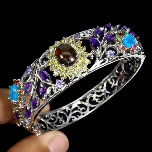 Srebrna zjawiskowa bransoletka turmaliny opale szafiry ametysty naturalne