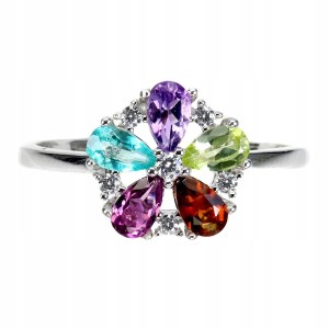 Srebrny delikatny r 20 pierścionek kwiat ametyst granat topaz cytryn 925