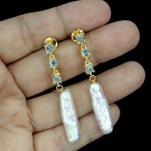 Srebrne wiszące kolczyki 925 naturalne sky topazy perły 1