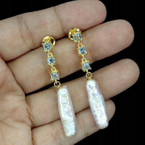 Srebrne wiszące kolczyki 925 naturalne sky topazy perły 1