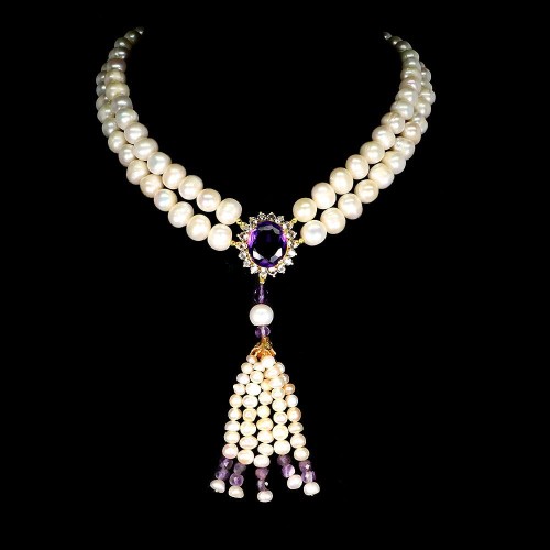 Zjawiskowy naszyjnik naturalne ametysty białe topazy perły 925