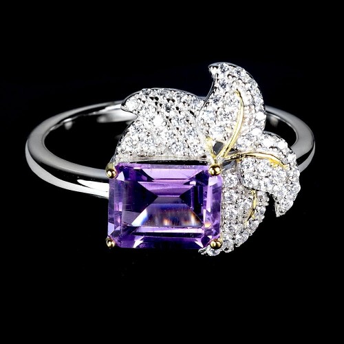 Delikatny pierścionek 925 naturalny ametyst cyrkonie r 14