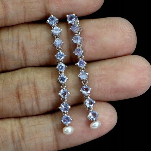 925 Srebrne delikatne kolczyki naturalne tanzanity perły wiszące 1