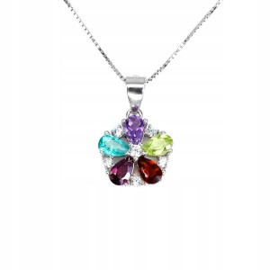 Piękny naszyjnik kwiat delikatny naturalny cytryn ametyst topaz granaty 925