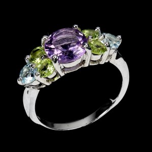 925 Piękny pierścionek naturalny ametyst oliwiny topazy sky blue r 14.5
